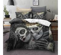 OakiTa Gothique Squelette Housse de Couette Parure de lit 3D Imprimé Gothique Tête de Mort Motif Rose Housse De Couette Microfibre avec 2 taies d'oreillers (A04,140 x 200 cm)