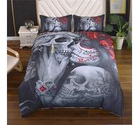 OaKita Gothique Squelette Housse de Couette Parure de lit 3D Imprimé Gothique Tête de Mort Motif Rose Housse De Couette Microfibre avec 2 taies d'oreillers (A03,180 x 210 cm)