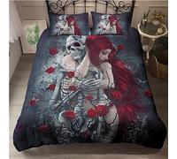 OaKita Gothique Squelette Housse de Couette Parure de lit 3D Imprimé Gothique Tête de Mort Motif Rose Housse De Couette Microfibre avec 2 taies d'oreillers (A02,140 x 200 cm)