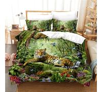 OaKita Housse de Couette Tigre Animal Vert Forêt Parure De Lit Animal Tigre Microfibre 3D Tigre Imprimé Parure de Lit 3 Pièces avec 2 Taies d'oreiller (A06,90x190cm/50x75cm)