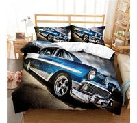 OakiTa Parure de Lit Voiture de Sport Bleu Noir Housse de Couette Imprimé Voiture de Sport Microfibre Fast Furious Course 3 pièces pour Adolescents Garçons (A10,220x240cm/50x75cm)
