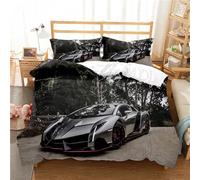 OakiTa Parure de Lit Voiture de Sport Bleu Noir Housse de Couette Imprimé Voiture de Sport Microfibre Fast Furious Course 3 pièces pour Adolescents Garçons (A09,200x200cm/50x75cm)