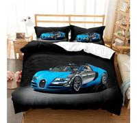 OaKita Parure de Lit Voiture de Sport Bleu Noir Housse de Couette Imprimé Voiture de Sport Microfibre Fast Furious Course 3 pièces pour Adolescents Garçons (A02,220x240cm/50x75cm)