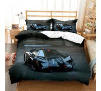 OakiTa Parure de Lit Voiture de Sport Bleu Noir Housse de Couette Imprimé Voiture de Sport Microfibre Fast Furious Course 3 pièces pour Adolescents Garçons (A05,220x240cm/50x75cm)