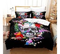 OaKita Tête de Mort Parure de Lit Motif Crâne Florale Rose Housse de Couette King Size Imprimé Floral Microfibre Parure de lit Motif Tête de Mort avec 2 taies d'oreiller (A09,200x200cm/50x75cm)