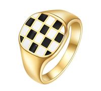 OAKKY 13Mm Tendance Simple Carré Coupe Irrégulière Noir et Blanc Damier Motif Biker Bague Unisexe Acier Inoxydable Déclaration Bande Taille 57