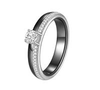 OAKKY Classique Original 4MM Rangée Unique Micro-pavé Strass 4 Griffes de Dragon Solitaire Cristal Anneau Unisexe Céramique Alliance de Mariage Noir Argent Taille 57