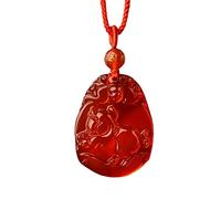 OAKKY Homme Agate Rouge Rétro 12 Zodiaque Chinois Signet Pendentif Horoscope Signe Animal Amulette Collier avec Chaîne de Perle Mantra 6 Mots Sanglier