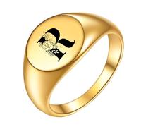 OAKKY Homme Femme Acier Inoxydable Simple Rose 22mm Ronde Alphabet de A à Z Initiales Anneaux Mariage Fiançailles Statement Bijouterie Or R Taille 60