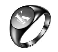 OAKKY Homme Femme Acier Inoxydable Simple Rose 22mm Ronde Alphabet de A à Z Initiales Anneaux Mariage Fiançailles Statement Bijouterie Noir K Taille 50