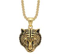 OAKKY Hommes Acier Inoxydable Collier Biker Pendentif Tête De Tigre Animal Gothique avec Chaînes 60Cm Or