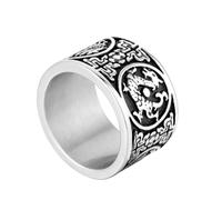 OAKKY Hommes Acier Inoxydable Légende Chinoise Vintage Classique Gravée 4 Bêtes Gardiennes Bague Doigt Bijou Argent Noir Taille 57