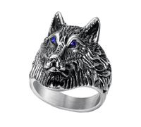 OAKKY Hommes Acier Inoxydable Punk Zircone Oeil Tête de Loup Motard Bague Gravée Gothique Titane Animal Band Bleu Taille 75