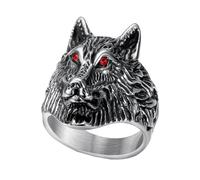 OAKKY Hommes Acier Inoxydable Punk Zircone Oeil Tête de Loup Motard Bague Gravée Gothique Titane Animal Band Rouge Taille 60
