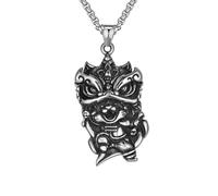 OAKKY Hommes Acier Inoxydable Vintage Dominant Gravure Chinois Qilin Collier Tigre Lion Bêtes-Gardiennes Amulette Nouvel An Bijou