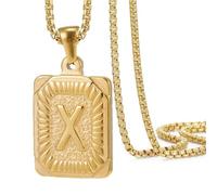 OAKKY Hommes Femmes Acier Inoxydable Carré Capital Monogramme Collier Alphabet de A-Z Classique Simple Lettre Pendentif Couple Bijou Cadeau Or Lettre X