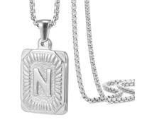 OAKKY Hommes Femmes Acier Inoxydable Carré Capital Monogramme Collier Alphabet de A-Z Classique Simple Lettre Pendentif Couple Bijou Cadeau Argent Lettre N