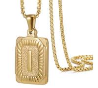 OAKKY Hommes Femmes Acier Inoxydable Carré Capital Monogramme Collier Alphabet de A-Z Classique Simple Lettre Pendentif Couple Bijou Cadeau Or Lettre I