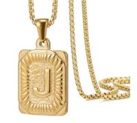 OAKKY Hommes Femmes Acier Inoxydable Carré Capital Monogramme Collier Alphabet de A-Z Classique Simple Lettre Pendentif Couple Bijou Cadeau Or Lettre J