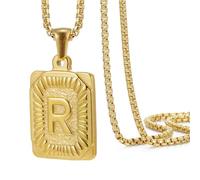 OAKKY Hommes Femmes Acier Inoxydable Carré Capital Monogramme Collier Alphabet de A-Z Classique Simple Lettre Pendentif Couple Bijou Cadeau Or Lettre R