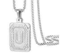 OAKKY Hommes Femmes Acier Inoxydable Carré Capital Monogramme Collier Alphabet de A-Z Classique Simple Lettre Pendentif Couple Bijou Cadeau Argent Lettre U