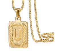 OAKKY Hommes Femmes Acier Inoxydable Carré Capital Monogramme Collier Alphabet de A-Z Classique Simple Lettre Pendentif Couple Bijou Cadeau Or Lettre U