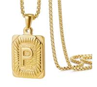 OAKKY Hommes Femmes Acier Inoxydable Carré Capital Monogramme Collier Alphabet de A-Z Classique Simple Lettre Pendentif Couple Bijou Cadeau Or Lettre P