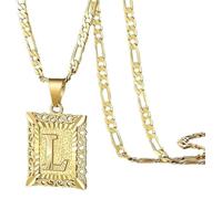 OAKKY Hommes Femmes Cuivre Carré Capital Monogramme Collier Alphabet de A-Z Classique Simple Lettre Pendentif Couple Bijou Cadeau Or Lettre L