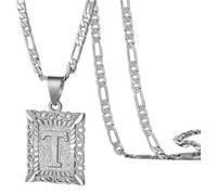 OAKKY Hommes Femmes Cuivre Carré Capital Monogramme Collier Alphabet de A-Z Classique Simple Lettre Pendentif Couple Bijou Cadeau Argent Lettre T