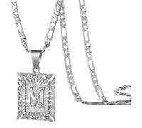 OAKKY Hommes Femmes Cuivre Carré Capital Monogramme Collier Alphabet de A-Z Classique Simple Lettre Pendentif Couple Bijou Cadeau Argent Lettre M