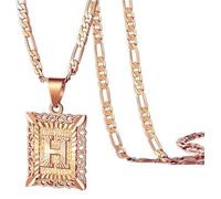 OAKKY Hommes Femmes Cuivre Carré Capital Monogramme Collier Alphabet de A-Z Classique Simple Lettre Pendentif Couple Bijou Cadeau Or Rose Lettre H