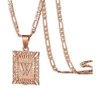OAKKY Hommes Femmes Cuivre Carré Capital Monogramme Collier Alphabet de A-Z Classique Simple Lettre Pendentif Couple Bijou Cadeau Or Rose Lettre W