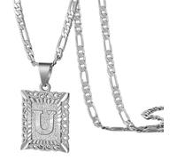 OAKKY Hommes Femmes Cuivre Carré Capital Monogramme Collier Alphabet de A-Z Classique Simple Lettre Pendentif Couple Bijou Cadeau Argent Lettre U