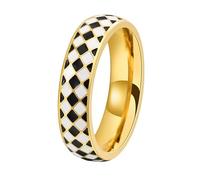 OAKKY Moderne Élégant 6Mm Mince Grille Irrégulière Noir et Blanc Damier Motif Empilable Chevalière Bague Unisexe Acier Inoxydable Or Taille 57