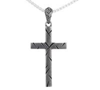OAKKY Pendentif Croix Géométrique Gravée Unisex Acier Inoxydable Collier avec Motif Lignes Diagonales et Finition Antique Amulette Religieuse Unique Noir
