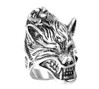 OAKKY Rétro Dominateur Loup Loup-Garou Tête Chevalier Motard Bague Homme Acier Inoxydable Animal Charm Gothique Punk Rock Argent Plaqué Taille 62
