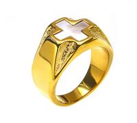 OAKKY Rétro Hip Hop Croix en Incrustation de Coquillages Blancs Biker Bague Unisexe en Acier Inoxydable Église Croyance Crucifix Orchestre de Mariage Or Taille 70