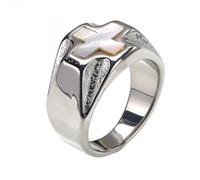 OAKKY Rétro Hip Hop Croix en Incrustation de Coquillages Blancs Biker Bague Unisexe en Acier Inoxydable Église Croyance Crucifix Orchestre de Mariage Argent Taille 54