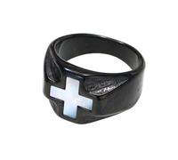 OAKKY Rétro Hip Hop Croix en Incrustation de Coquillages Blancs Biker Bague Unisexe en Acier Inoxydable Église Croyance Crucifix Orchestre de Mariage Noir Taille 62