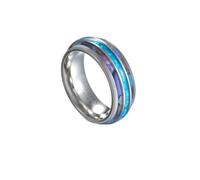 OAKKY Simple Dainty 8mm Coloré Coquille d'Ormeau Incrustation Dôme Bleu Imitation Opale Centre Bague Unisexe en Acier Inoxydable Alliance Argent Taille 62