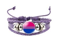 OAKKY Unisex Alliage 18mm Cool Coloré Rayures Bisexuel Drapeau Fait à la Main Tressé en Cuir Tissé Tressé LGBT Fierté Réglable Bracelet Violet