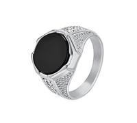 OAKKY Vintage Cool Noir Rond Agate Pierre Précieuse Micro-Pavé Zircon Incrustation Chevalière Bague Unisexe en Acier Inoxydable Gothique Style Punk Argent Taille 54