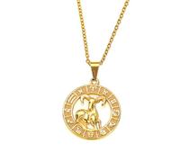 OAKKY Vintage Rond Creux Hip Hop Cool 12 Constellations Signe du Zodiaque Icônes Symboles Biker Pendentif Horoscope Astrologie Collier Unisexe en Acier Inoxydable Bélier