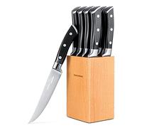 OAKSWARE Steak Knives Set of 8 with Block, 5 inch Non Serrated Steak Knife Set, 8 Pieces Professional Straight Edge Kitchen Table Dinner Knives - Forged German Steel - Full Tang Handle