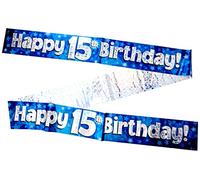 OakTree Guirlande de fanions holographiques « Happy 15th Birthday » Bleu 3,9 m