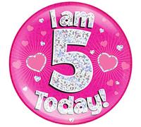 OAKTREE UK 633063 Grand badge I am 5 Today Rose holographique à pois 15,2 cm