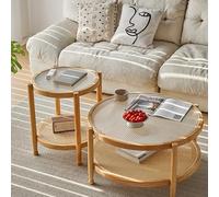 OAKVYNE Lot de 2 Tables Basses Gigognes - Table Ronde Moderne en Verre Trempé avec Plateau en Rotin, Style Boho et Ferme - pour Salon, Chambre - Pieds en Bois Massif(Wood Color)