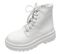 OALEEN Bottines Militaire Femme Hiver à Lacets Talon Carré Effet Cuir Chaussures Boots Combat Rangers Plateforme Blanche 38