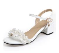 OALEEN Sandales Femme Eté Petit Talon Carré Bride Cheville Perles Vernis Bout Ouvert Confortable Chaussures Soirée Mariage Blanche 39