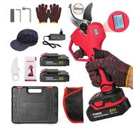 Secateur Electrique Sans Fil 50mm, Sécateur Électrique 21V avec 2× Batteries, 1000W Moteur Sans Balais, Sécateur a Batterie adaptées à l'élagage, au jardinage, aux arbres fruitiers (Rouge)